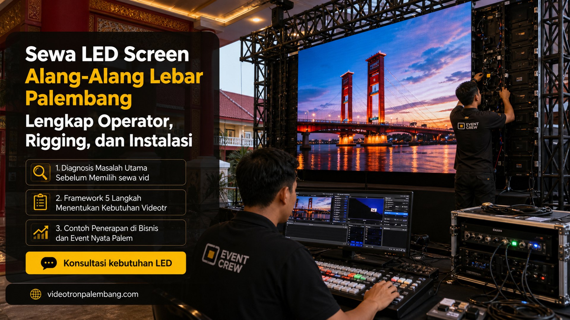 Sewa LED Screen Alang-Alang Lebar Palembang Lengkap Operator, Rigging, dan Instalasi