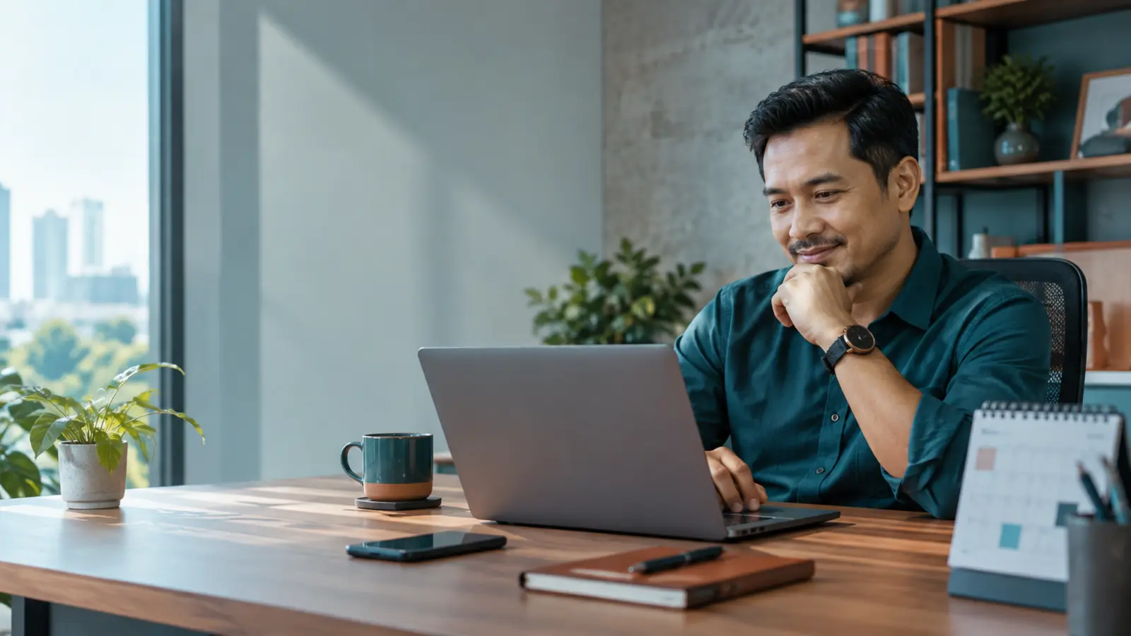 Pemilik bisnis Indonesia memantau website dari laptop di ruang kerja